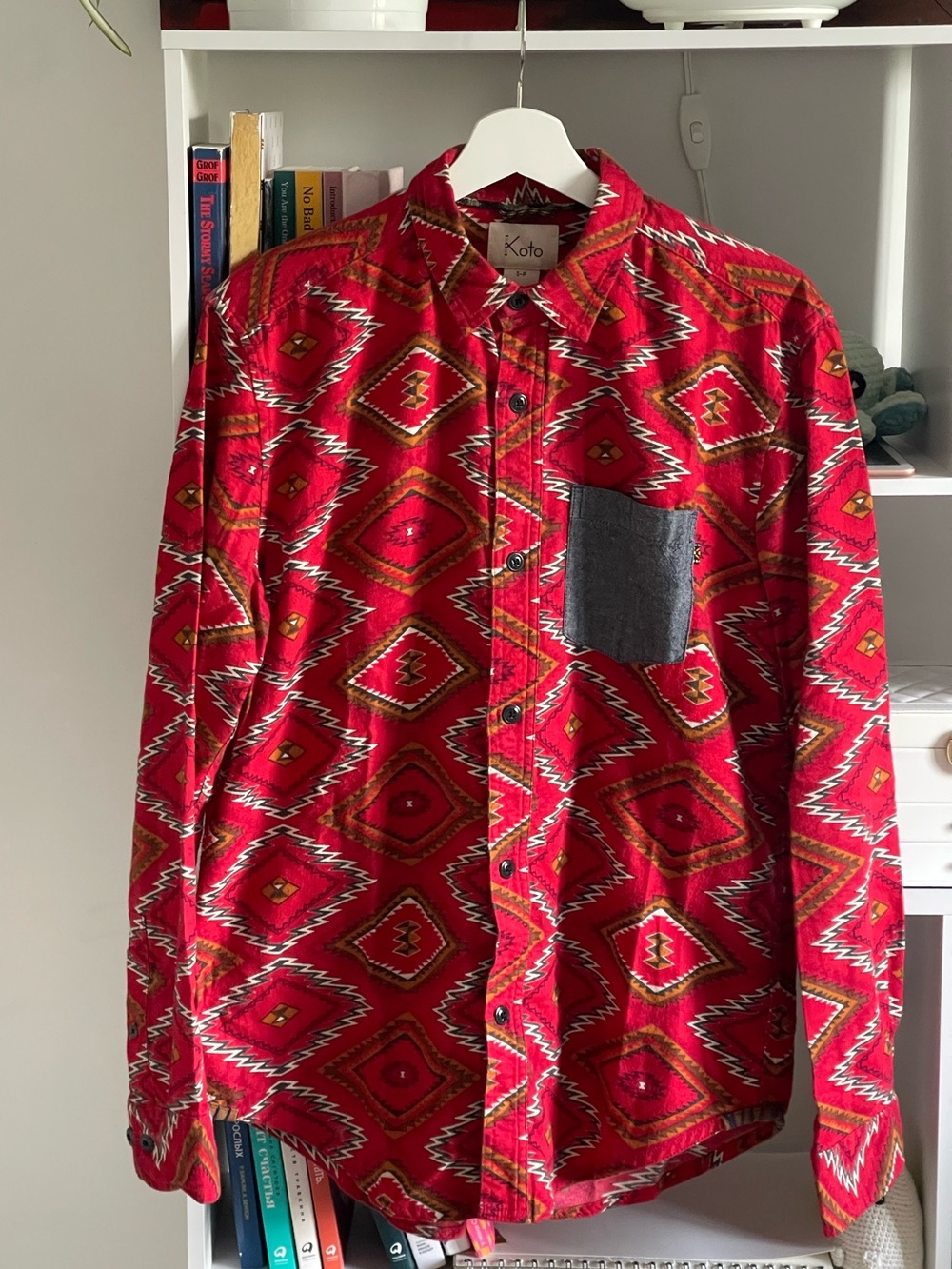 Koto Men's Red Geometric Print Button-Down Shirt with Contrast Pocket